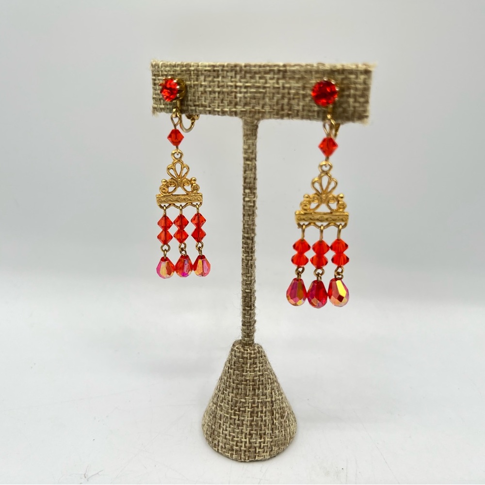 Vintage red-orange beaded clip on chandelier dangles gold tone colorful crystals